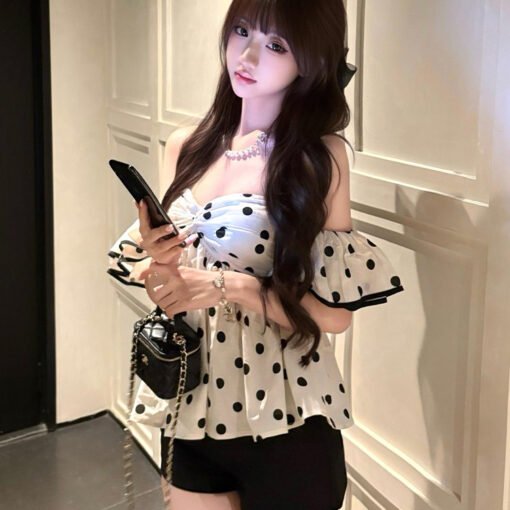 Vapetix S-XL  French design-sensory ruffled polka dot shirt for women in summer temperament one-shoulder off-shou – Bild 2