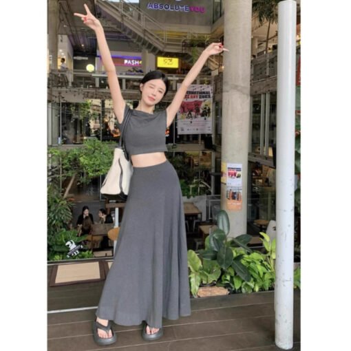 Vapetix S-2XL  Korean lazy style two-piece skirt for women summer hot girls short short-sleeved top high waist A-l