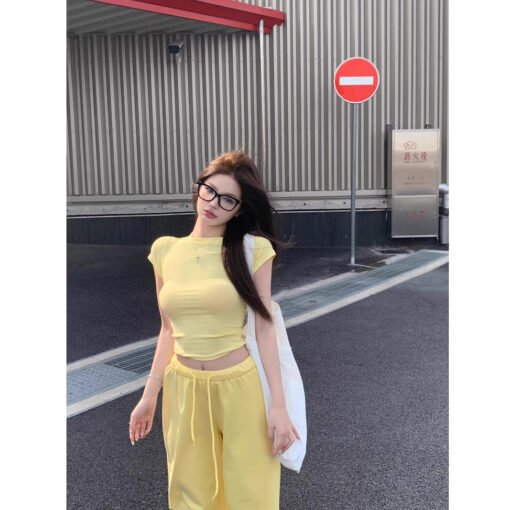 Vapetix S-XXL  Korean hot girl round neck navel exposed short-sleeved T-shirt for women's summer new waist-hugging