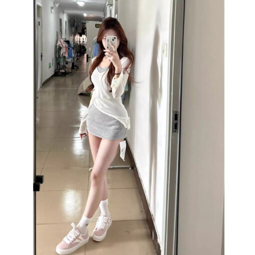 Vapetix S-XXL  In spring, a complete set of lazy style sunscreen blouse T-shirt vest gray short skirt two-piece wo