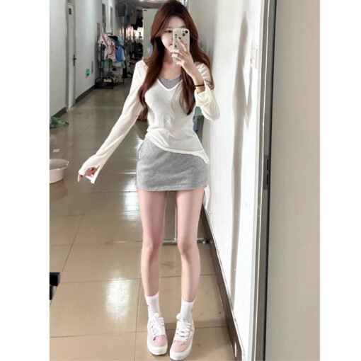 Vapetix S-XXL  In spring, a complete set of lazy style sunscreen blouse T-shirt vest gray short skirt two-piece wo - Afbeelding 2