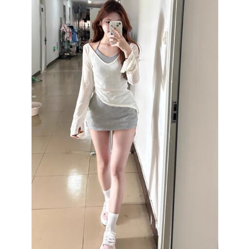 Vapetix S-XXL  In spring, a complete set of lazy style sunscreen blouse T-shirt vest gray short skirt two-piece wo - Afbeelding 3