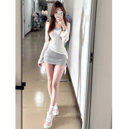 Vapetix S-XXL  In spring, a complete set of lazy style sunscreen blouse T-shirt vest gray short skirt two-piece wo - Afbeelding 4