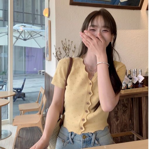 Vapetix Universal code-Universal code  Small T-shirt 2025 summer knitted top short women's new style design and temperament yellow short s – Bild 5