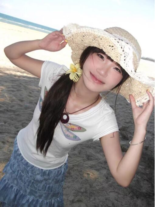 Vapetix S-XL  【210g 40 1×1 pure cotton】V-neck hand-painted dragonfly printed short-sleeved T-shirt slim shoulder - Imagen 2