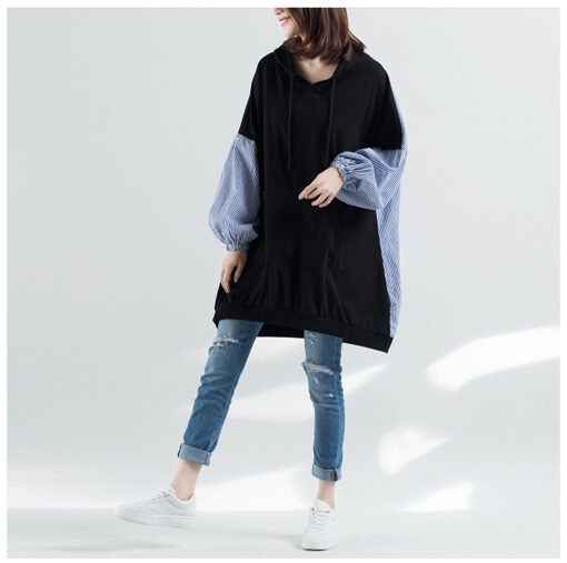 Vapetix Large XL-Large size L  Autumn Japanese and Korean New plus size Women's Loose Artistic Stripe Stitching Loose Hooded Sweat - 图片 4