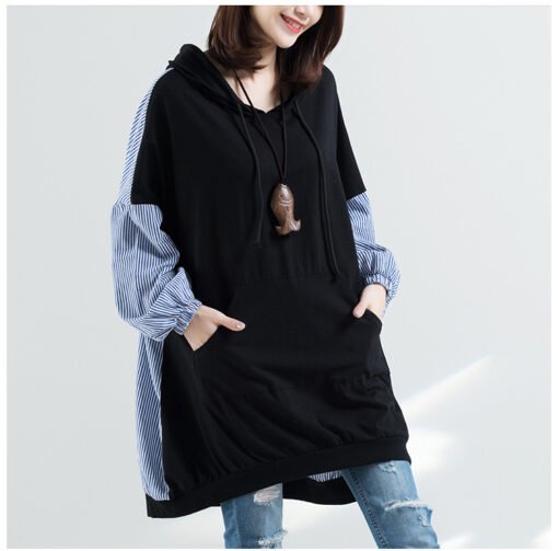 Vapetix Large XL-Large size L  Autumn Japanese and Korean New plus size Women's Loose Artistic Stripe Stitching Loose Hooded Sweat - 图片 5