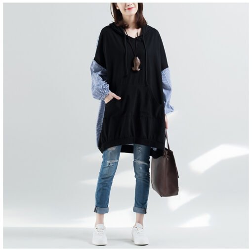 Vapetix Large XL-Large size L  Autumn Japanese and Korean New plus size Women's Loose Artistic Stripe Stitching Loose Hooded Sweat - 图片 6