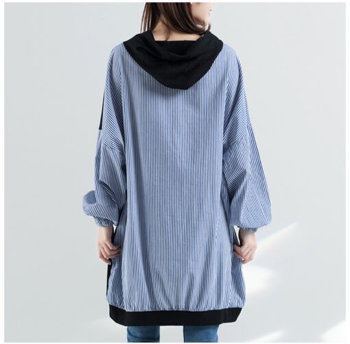 Vapetix Large XL-Large size L  Autumn Japanese and Korean New plus size Women's Loose Artistic Stripe Stitching Loose Hooded Sweat - 图片 8