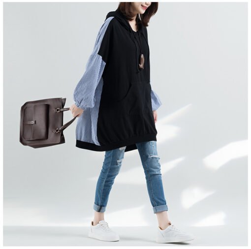 Vapetix Large XL-Large size L  Autumn Japanese and Korean New plus size Women's Loose Artistic Stripe Stitching Loose Hooded Sweat