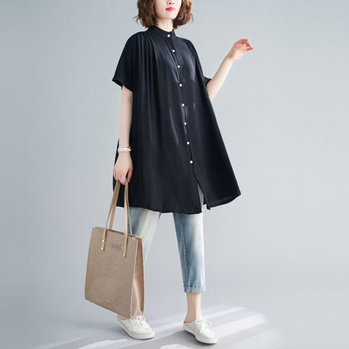 Vapetix Large size one size fits all-Large size one size fits all  Solid Color A- Shirt Cotton Shirt chubby girl Plus Size Women's Loose Fat-breasted 100.00kg Collar - 图片 2