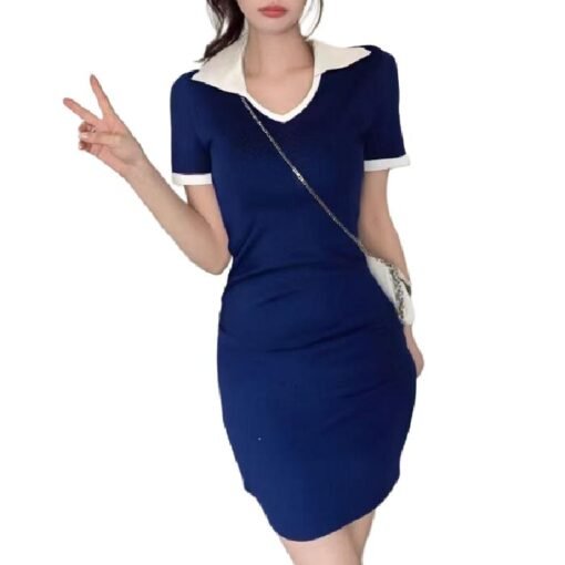 Vapetix One size fits all-One size fits all  Shipped V-neck color matching drawstring waist short sleeve ice cool silk knitted dress – Bild 2
