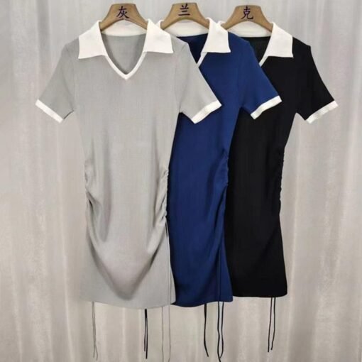 Vapetix One size fits all-One size fits all  Shipped V-neck color matching drawstring waist short sleeve ice cool silk knitted dress – Bild 3