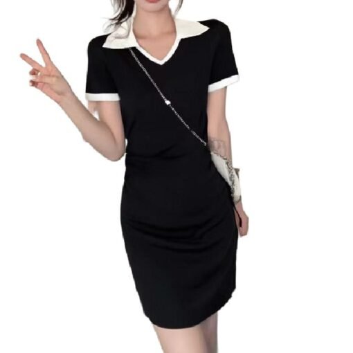 Vapetix One size fits all-One size fits all  Shipped V-neck color matching drawstring waist short sleeve ice cool silk knitted dress – Bild 7