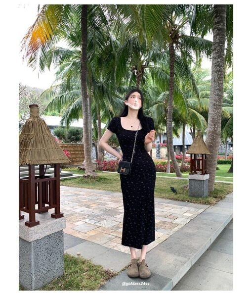 Vapetix S-2XL  Shipped Black Floral Short-sleeved Knitted dress 2025 Summer Spice Girls Slim Sheath Skirt – Bild 2
