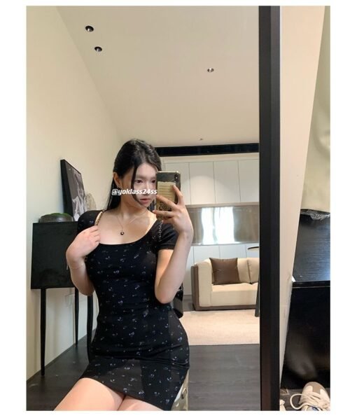 Vapetix S-2XL  Shipped Black Floral Short-sleeved Knitted dress 2025 Summer Spice Girls Slim Sheath Skirt – Bild 4