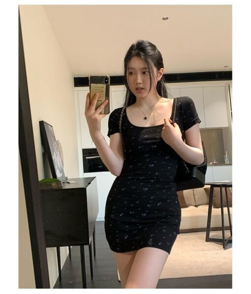 Vapetix S-2XL  Shipped Black Floral Short-sleeved Knitted dress 2025 Summer Spice Girls Slim Sheath Skirt – Bild 5