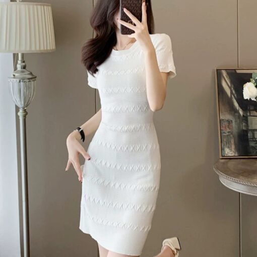 Vapetix One size fits all-One size fits all  Shipped Fresh White Crewneck Short-sleeved Ice Silk Knitted dress Slim-fit T-shirt Hip Base Skirt – Bild 3