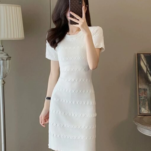 Vapetix One size fits all-One size fits all  Shipped Fresh White Crewneck Short-sleeved Ice Silk Knitted dress Slim-fit T-shirt Hip Base Skirt – Bild 5