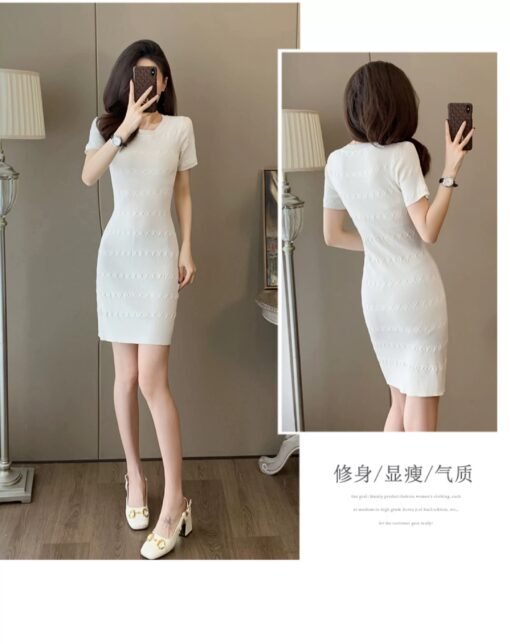 Vapetix One size fits all-One size fits all  Shipped Fresh White Crewneck Short-sleeved Ice Silk Knitted dress Slim-fit T-shirt Hip Base Skirt – Bild 9