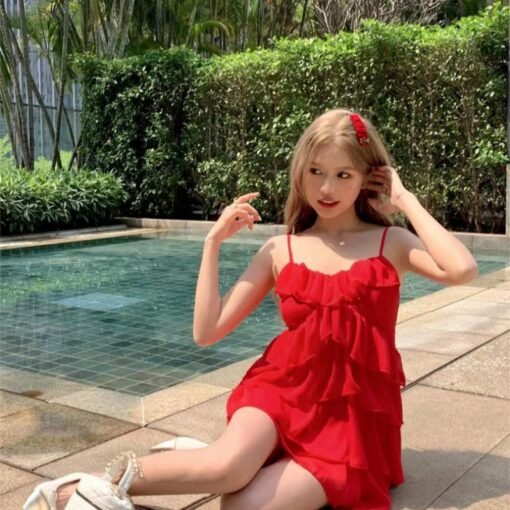 Vapetix S-L  Shipped 2025 summer red skirt new design temperament slim white waist skirt – Bild 5