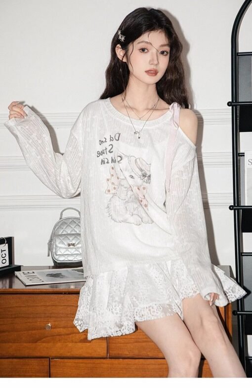 Vapetix S-XL  Original Fabric White Off-shoulder Cat T-shirt Women's 2025 Spring Printed Loose Long-sleeved Blous – Bild 2
