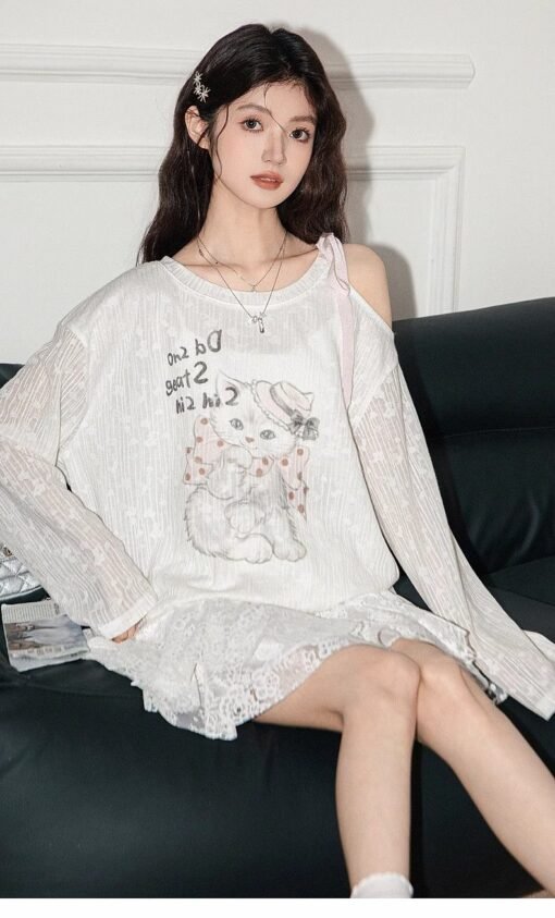Vapetix S-XL  Original Fabric White Off-shoulder Cat T-shirt Women's 2025 Spring Printed Loose Long-sleeved Blous – Bild 3