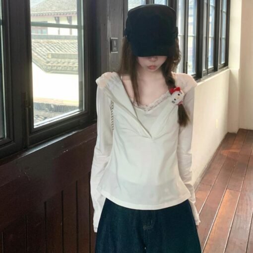 Vapetix S-XL  32 cotton pull rack 180g slim long sleeve T-shirt women's spring and autumn design lace fake two-pi – Bild 2