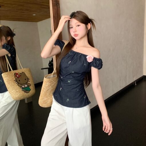Vapetix Universal code-Universal code  Real shot of new summer commuter slim embroidered denim versatile top for women – Bild 9