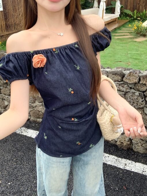 Vapetix Universal code-Universal code  Real shot of sweet one-shoulder three-dimensional flower large press-pleated waist embroidered deni - Afbeelding 2