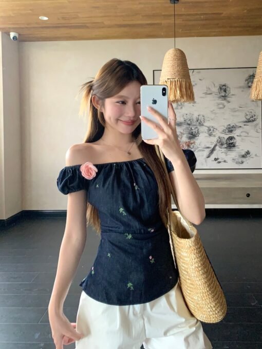 Vapetix Universal code-Universal code  Real shot of sweet one-shoulder three-dimensional flower large press-pleated waist embroidered deni - Afbeelding 4