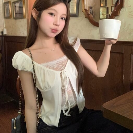 Vapetix Universal code-Universal code  Real shot of new summer versatile short-sleeved T-shirt drawstring spliced ​​lace top for women – Bild 5