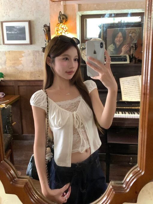 Vapetix Universal code-Universal code  Real shot of new summer versatile short-sleeved T-shirt drawstring spliced ​​lace top for women – Bild 9