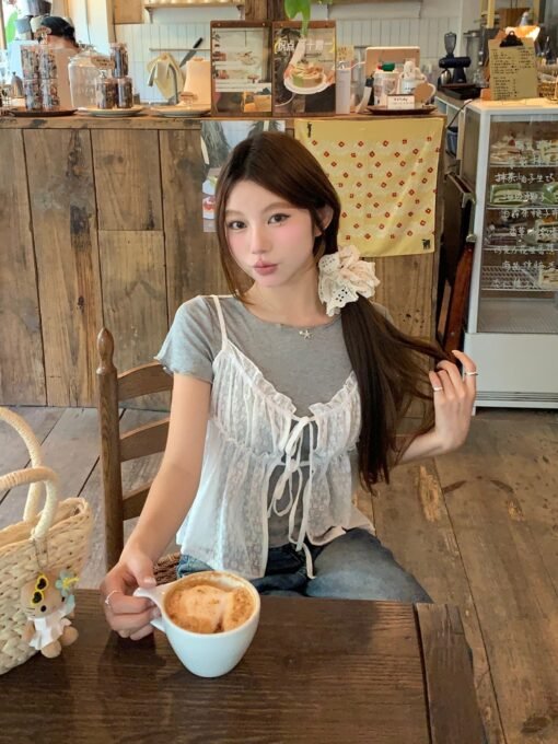 Vapetix Universal code-Universal code  Real photo of sweet layered lace suspender 2025 summer inner slim short-sleeved T-shirt two-piece s – Bild 3