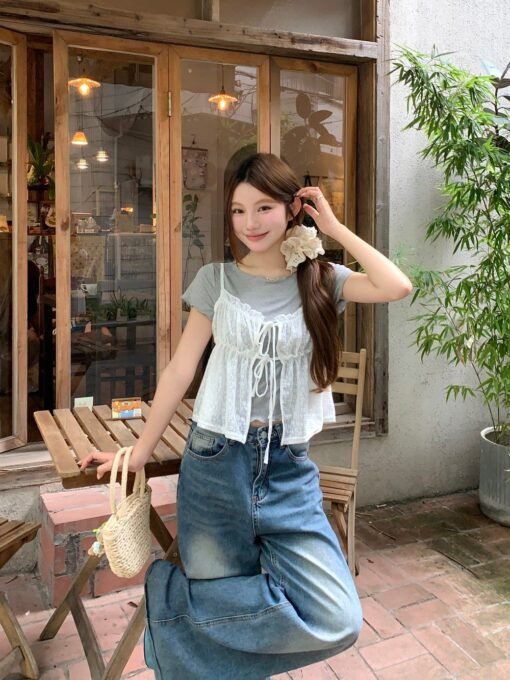 Vapetix Universal code-Universal code  Real photo of sweet layered lace suspender 2025 summer inner slim short-sleeved T-shirt two-piece s – Bild 4