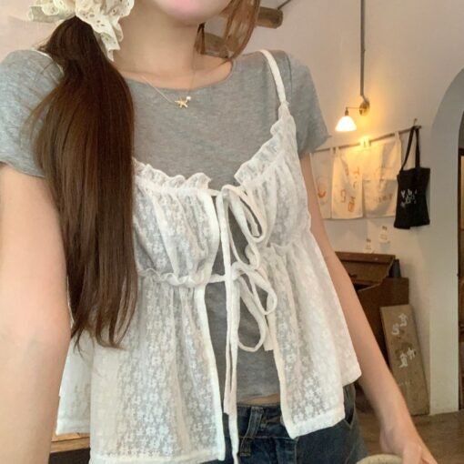 Vapetix Universal code-Universal code  Real photo of sweet layered lace suspender 2025 summer inner slim short-sleeved T-shirt two-piece s – Bild 5