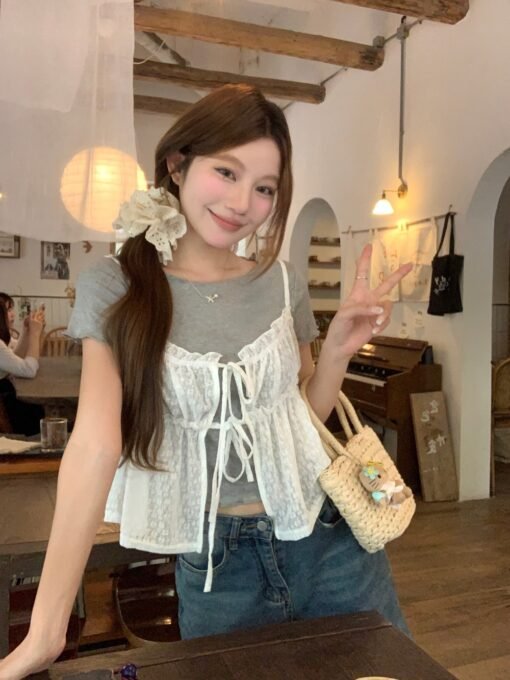 Vapetix Universal code-Universal code  Real photo of sweet layered lace suspender 2025 summer inner slim short-sleeved T-shirt two-piece s – Bild 6