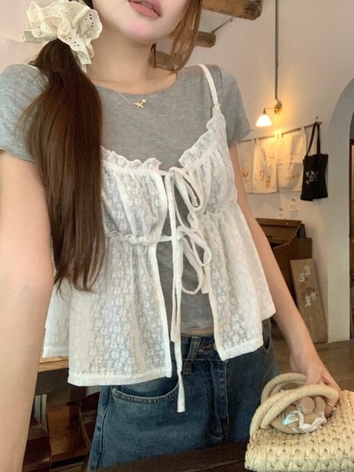 Vapetix Universal code-Universal code  Real photo of sweet layered lace suspender 2025 summer inner slim short-sleeved T-shirt two-piece s – Bild 7