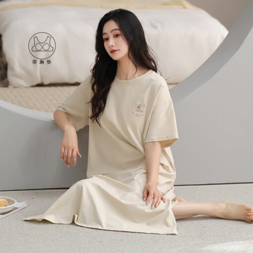 Vapetix 160(M)-175(XXL)  With Chest Pad Cool Cotton Short-sleeved Nightgown Pullover Casual Simple Pure Cotton Pull-up Cotto