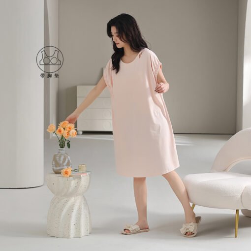 Vapetix 160(M)-175(XXL)  With Chest Pad Cool Cotton Short-sleeved Nightgown Pullover Casual Simple Pure Cotton Pull-up Cotto