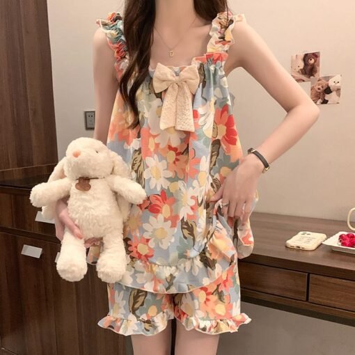 Vapetix M-XXL  xyqm-2025 Internet Celebrant New Style Bubble Cotton Sling Bow Pajamas Women's Summer Sweet KT Cat