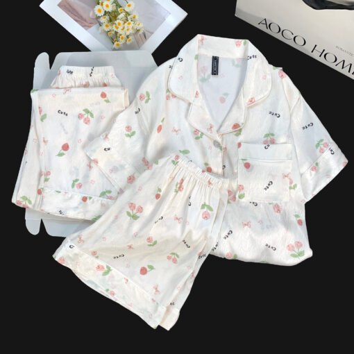 Vapetix M-XXL  Live Summer Short-sleeved Ice Silk Pajamas with Chest Pad Women's Thin Ice Silk Three-piece Set Wom – Bild 2