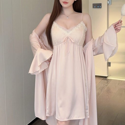 Vapetix M-XL  Live spring and summer with chest pad long sleeve two-piece ice silk nightgown pure sexy lace pajam