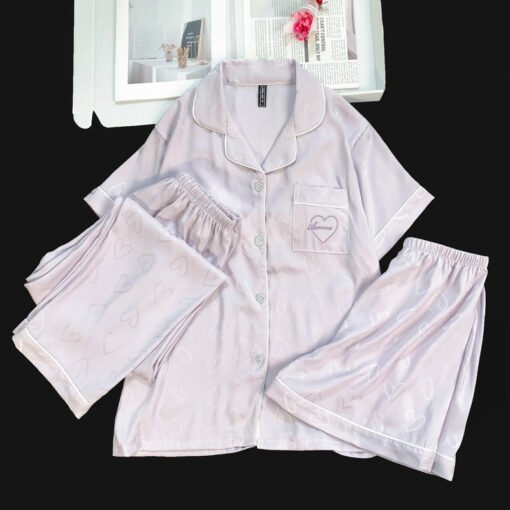 Vapetix M-XXL  Live Summer Short-sleeved Ice Silk Pajamas with Chest Pad Women's Thin Ice Silk Three-piece Set Wom – Bild 5