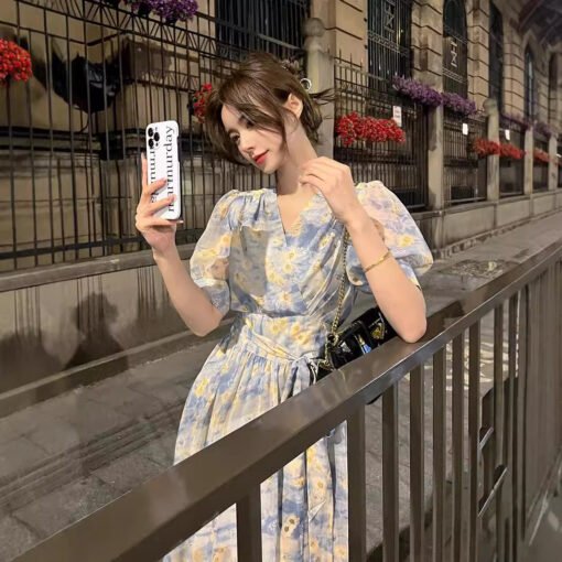 Vapetix M-2XL  Printed Mid-length French New A- line Skirt V-neck Slimming Over-the-knee Short Sleeve Split Ladies