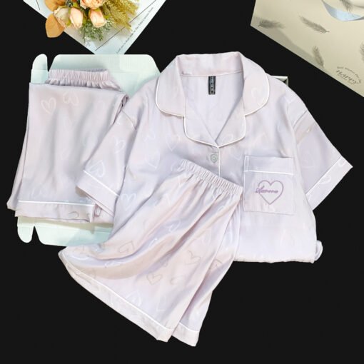Vapetix M-XXL  Live Summer Short-sleeved Ice Silk Pajamas with Chest Pad Women's Thin Ice Silk Three-piece Set Wom