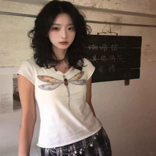 Vapetix S-XL  【210g 40 1×1 pure cotton】V-neck hand-painted dragonfly printed short-sleeved T-shirt slim shoulder - Imagen 5
