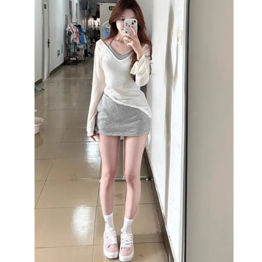 Vapetix S-XXL  In spring, a complete set of lazy style sunscreen blouse T-shirt vest gray short skirt two-piece wo - Afbeelding 5