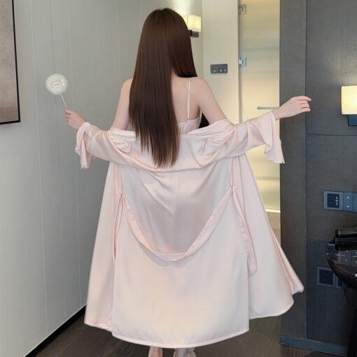 Vapetix M-XL  Live spring and summer with chest pad long sleeve two-piece ice silk nightgown pure sexy lace pajam – Bild 2