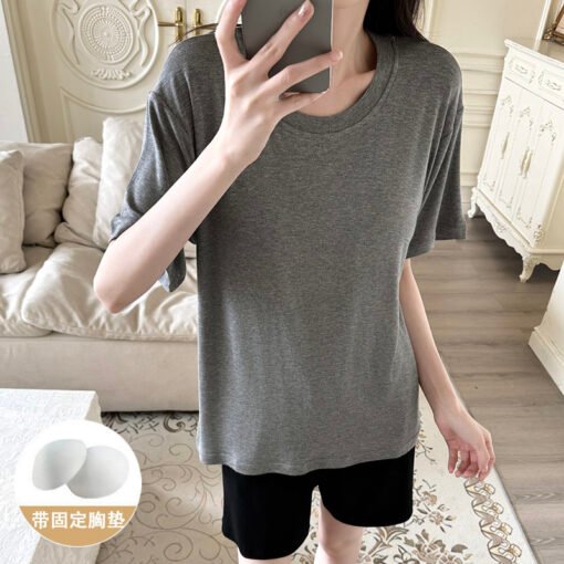 Vapetix M-XXL  Shaoxing -2025 Pajamas Women's Cotton Crewneck Short Sleeve Shorts Solid Color Outer Wear Home Wear - Kép 2